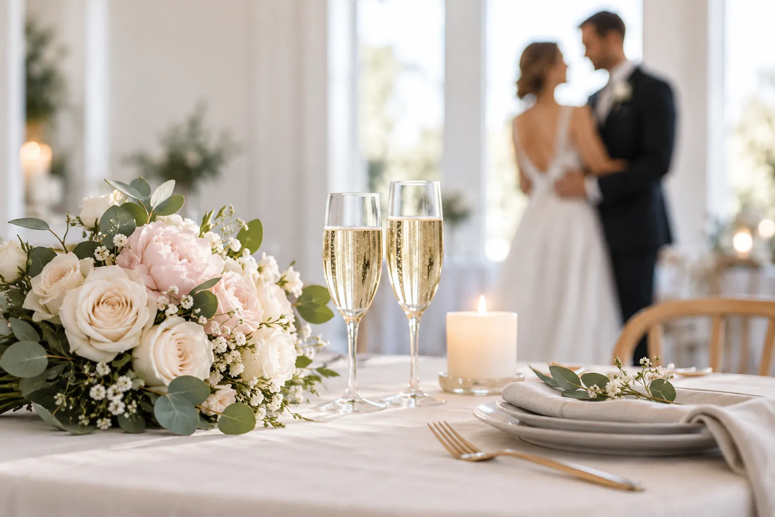 Brudebuket og champagne på et pyntet bryllupsbord