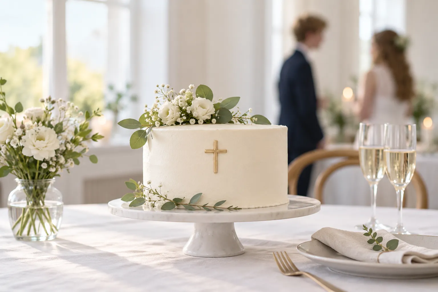 Hvid konfirmationskage med kors og friske blomster på festbordet