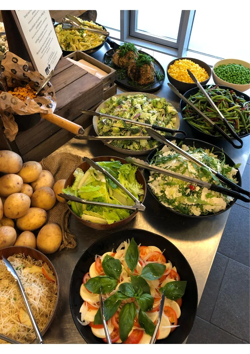 Friske salater til frokostordning, anrettet og klar til servering